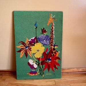 Vintage Floral and Giraffe Knit Needlepoint Cross Stitch Artwork